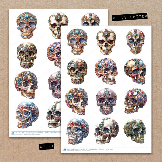 A4 and US Letter format comparison showing Jewelled Skull fussy cut pages for print and cut crafting