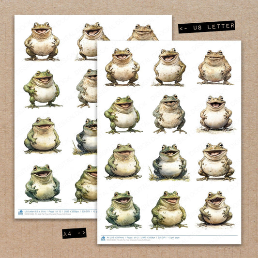 A4 and US Letter format comparison showing Jolly Fat Frog Character fussy cut pages for print and cut crafting