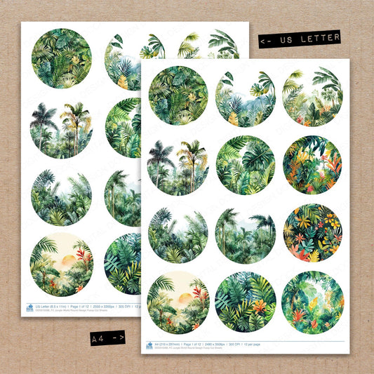 A4 and US Letter format comparison showing Jungle World Round Design fussy cut pages for print and cut crafting