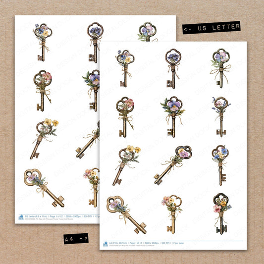 A4 and US Letter format comparison showing Key with Pressed Flower fussy cut pages for print and cut crafting