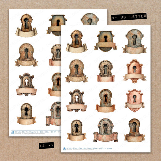 A4 and US Letter format comparison showing Keyhole Emblem Banner fussy cut pages for print and cut crafting