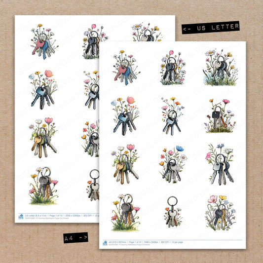 A4 and US Letter format comparison showing Keyring Wildflowers fussy cut pages for print and cut crafting