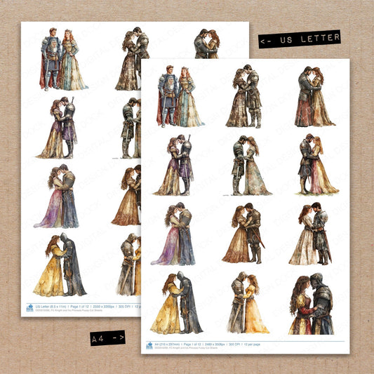 A4 and US Letter format comparison showing Knight and his Princess fussy cut pages for print and cut crafting