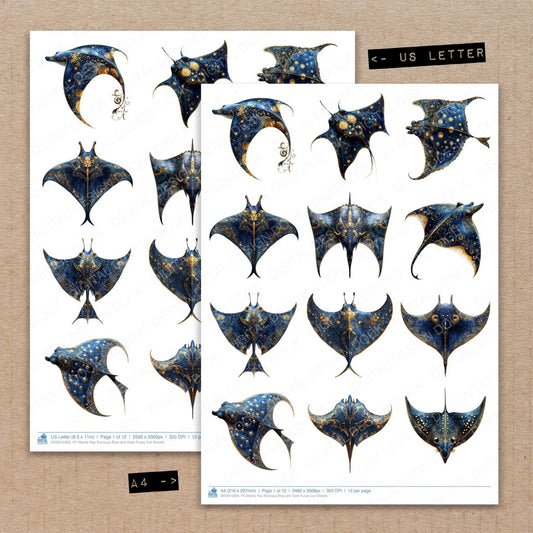 DDD010393_FC Manta Ray Baroque Blue and Gold Fussy Cut Sheets