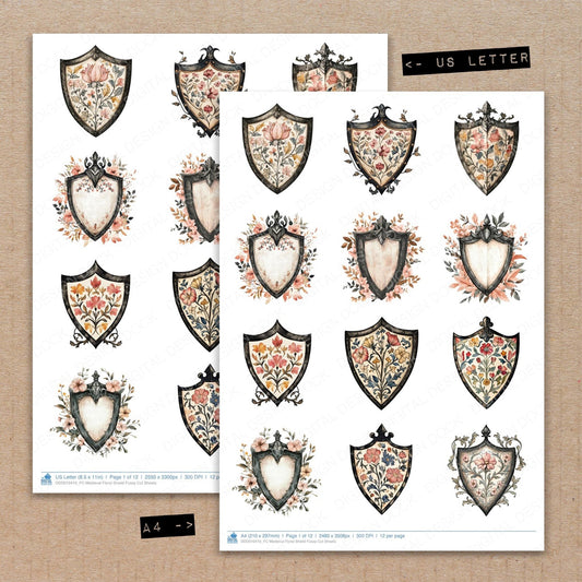 DDD010410_FC Medieval Floral Shield Fussy Cut Sheets