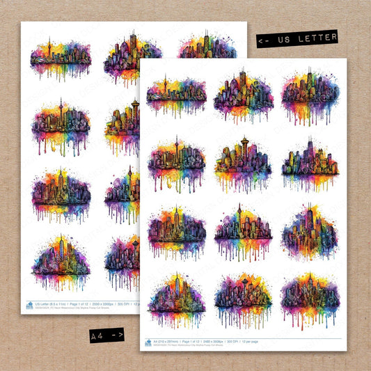 DDD010524_FC Neon Watercolour City Skyline Fussy Cut Sheets
