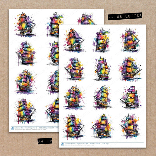 DDD010545_FC Neon Watercolour Sailing Ship Fussy Cut Sheets