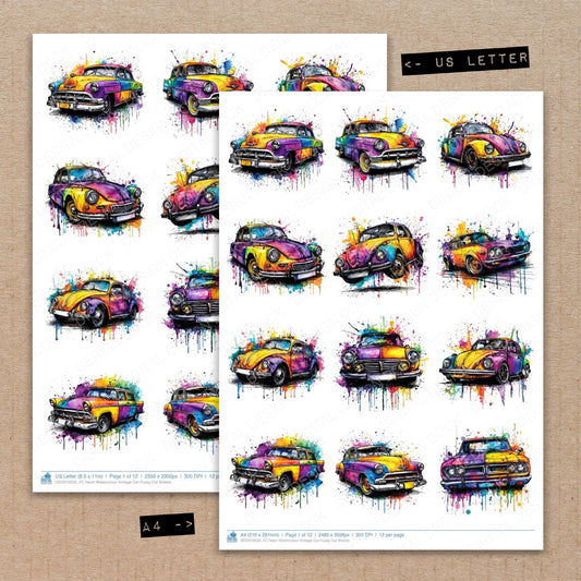 DDD010552_FC Neon Watercolour Vintage Car Fussy Cut Sheets