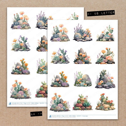 DDD010625_FC Pastel Cactus Flower Rockery Fussy Cut Sheets
