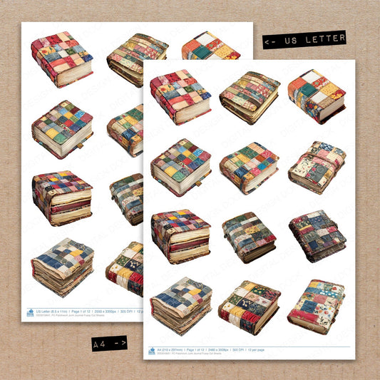 A4 and US Letter format comparison showing Patchwork Junk Journal fussy cut pages for print and cut crafting