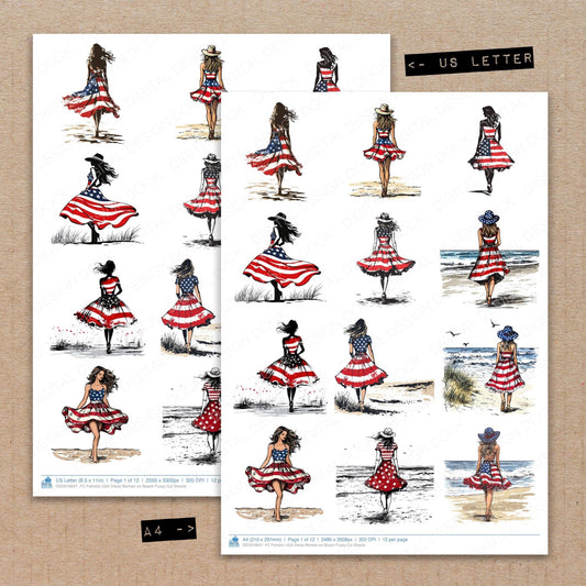 A4 and US Letter format comparison showing Patriotic USA Dress Woman on Beach fussy cut pages for print and cut crafting
