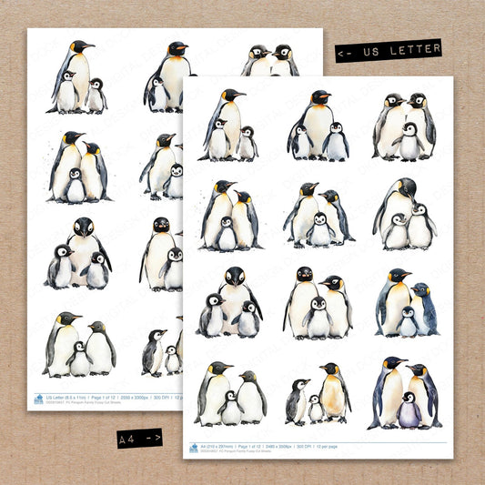 A4 and US Letter format comparison showing Penguin Family fussy cut pages for print and cut crafting