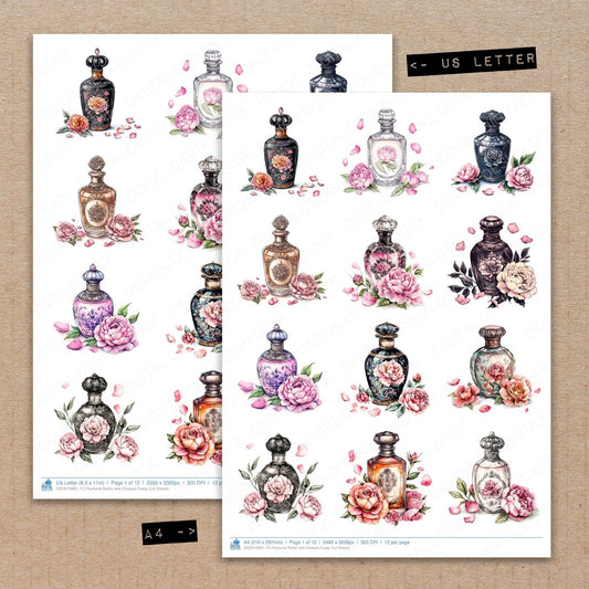 A4 and US Letter format comparison showing Perfume Bottle with Flowers fussy cut pages for print and cut crafting