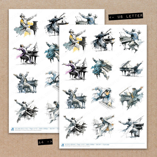 A4 and US Letter format comparison showing Pianist Performance fussy cut pages for print and cut crafting
