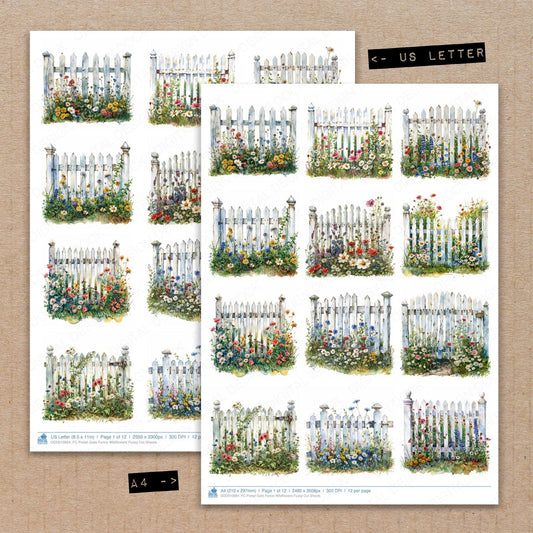 A4 and US Letter format comparison showing Picket Gate Fence Wildflowers fussy cut pages for print and cut crafting