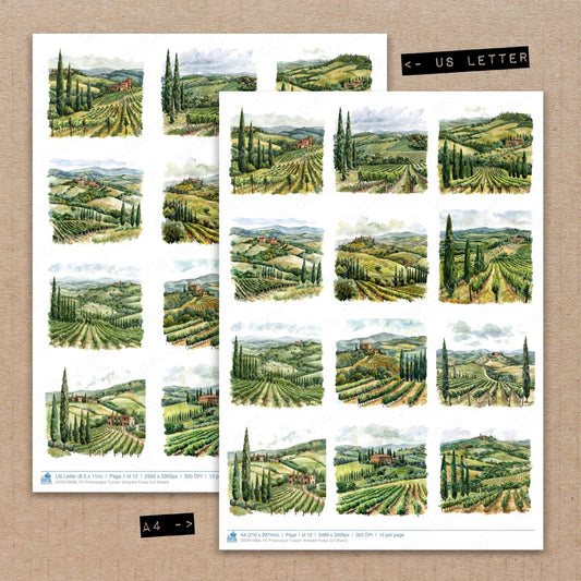A4 and US Letter format comparison showing Picturesque Tuscan Vineyard fussy cut pages for print and cut crafting
