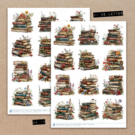 A4 and US Letter format comparison showing Pile of Vintage Floral Books fussy cut pages for print and cut crafting