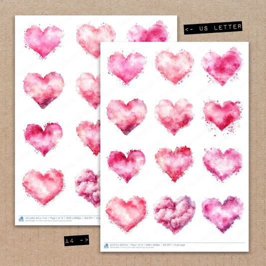 A4 and US Letter format comparison showing Pink Love Heart Cloud fussy cut pages for print and cut crafting