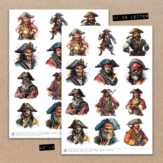 A4 and US Letter format comparison showing Pirate Character fussy cut pages for print and cut crafting