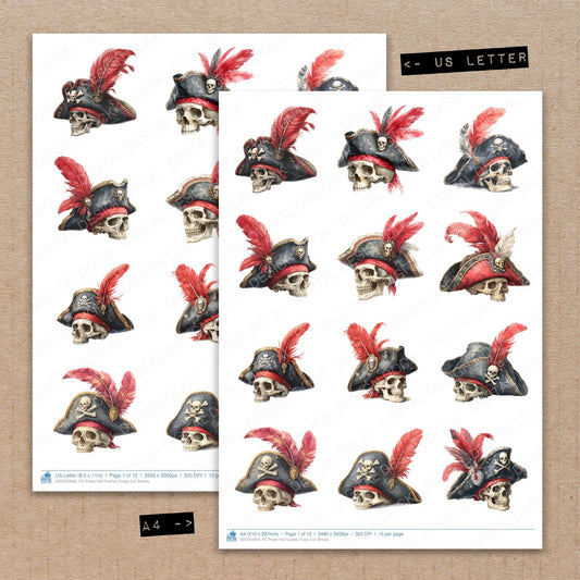 A4 and US Letter format comparison showing Pirate Hat Feather fussy cut pages for print and cut crafting