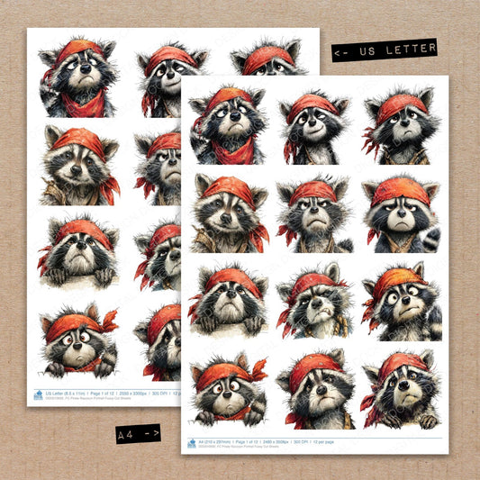 A4 and US Letter format comparison showing Pirate Raccoon Portrait fussy cut pages for print and cut crafting