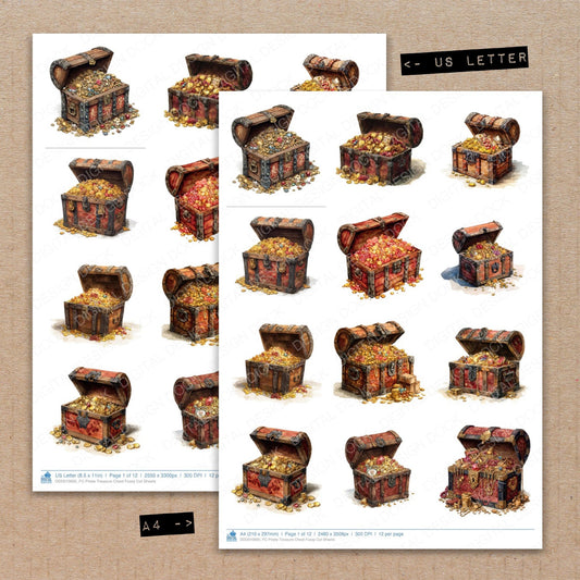 A4 and US Letter format comparison showing Pirate Treasure Chest fussy cut pages for print and cut crafting