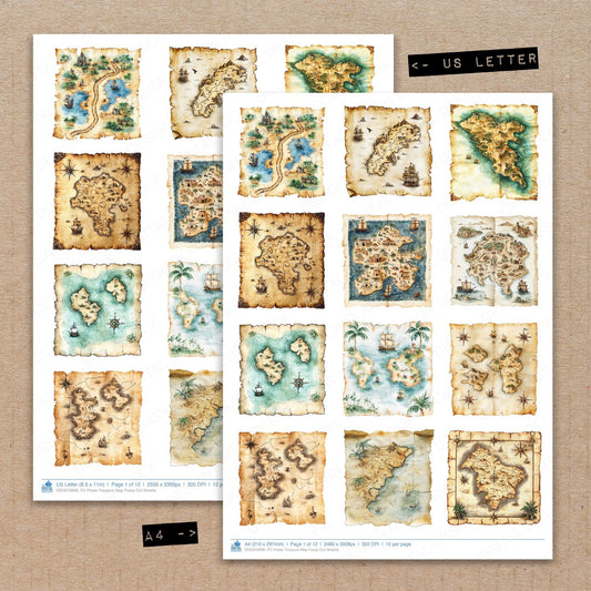 A4 and US Letter format comparison showing Pirate Treasure Map fussy cut pages for print and cut crafting