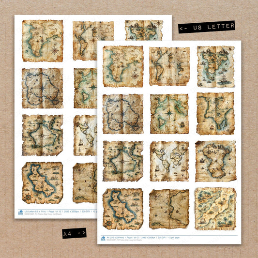 A4 and US Letter format comparison showing Pirates Map fussy cut pages for print and cut crafting