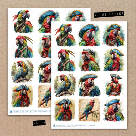 A4 and US Letter format comparison showing Pirates Parrot fussy cut pages for print and cut crafting