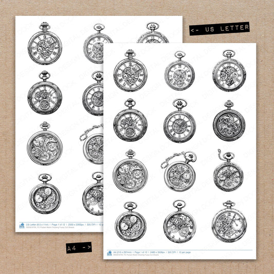A4 and US Letter format comparison showing Pocket Watch Drawing fussy cut pages for print and cut crafting