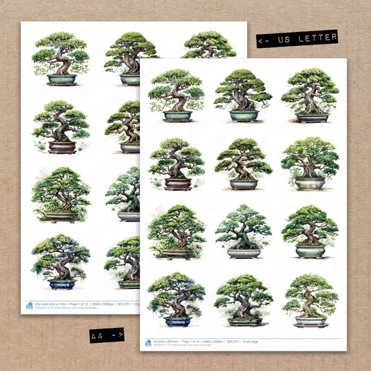 A4 and US Letter format comparison showing Potted Bonsai Tree fussy cut pages for print and cut crafting
