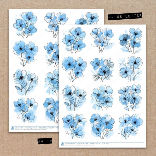 A4 and US Letter format comparison showing Powder Blue Abstract Flowers fussy cut pages for print and cut crafting