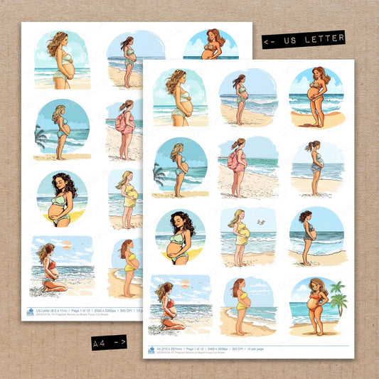 A4 and US Letter format comparison showing Pregnant Woman on Beach fussy cut pages for print and cut crafting