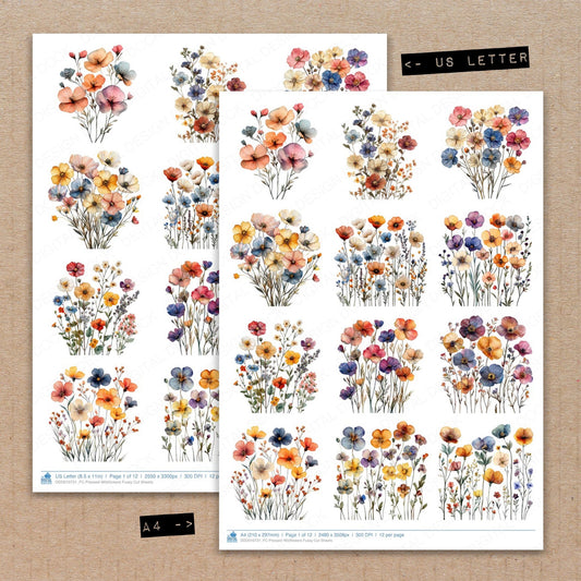 A4 and US Letter format comparison showing Pressed Wildflowers fussy cut pages for print and cut crafting
