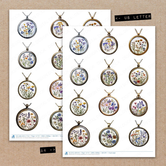 A4 and US Letter format comparison showing Pressed Wildflowers in Locket fussy cut pages for print and cut crafting