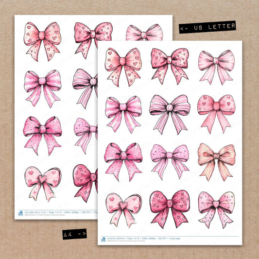 A4 and US Letter format comparison showing Pretty Pink Bow fussy cut pages for print and cut crafting