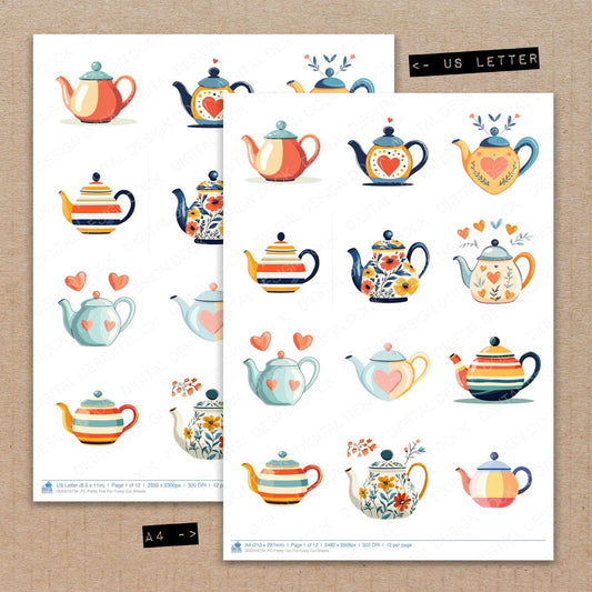 A4 and US Letter format comparison showing Pretty Tea Pot fussy cut pages for print and cut crafting
