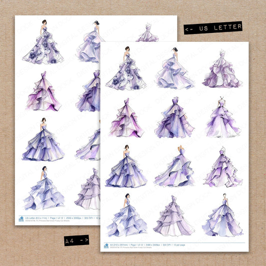 A4 and US Letter format comparison showing Princess Ball Gown fussy cut pages for print and cut crafting