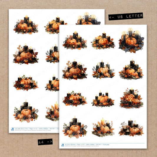 A4 and US Letter format comparison showing Pumpkin Candle Halloween Centrepiece fussy cut pages for print and cut crafting