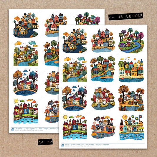 A4 and US Letter format comparison showing Quaint Riverside Village fussy cut pages for print and cut crafting
