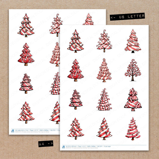 A4 and US Letter format comparison showing Quirky Candy Cane Christmas Tree fussy cut pages for print and cut crafting
