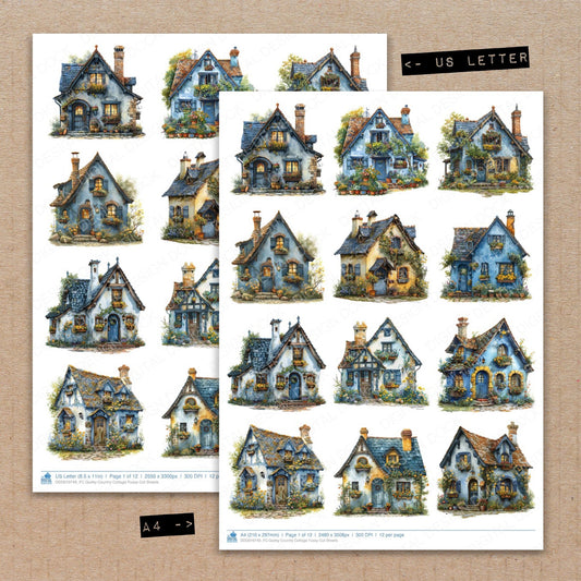 A4 and US Letter format comparison showing Quirky Country Cottage fussy cut pages for print and cut crafting