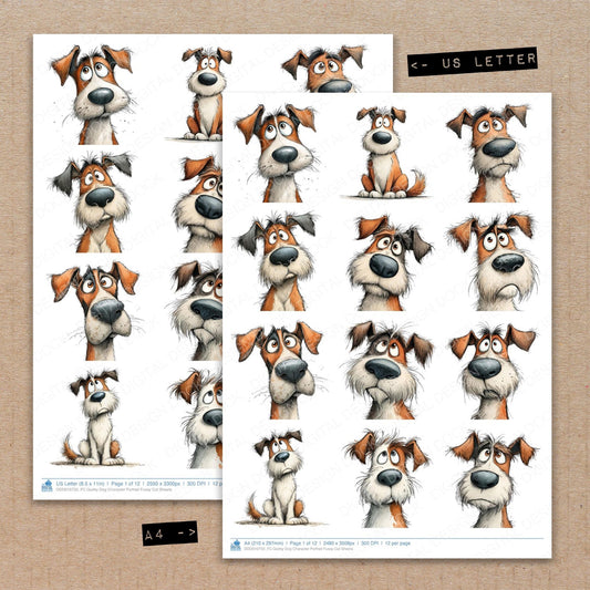 A4 and US Letter format comparison showing Quirky Dog Character Portrait fussy cut pages for print and cut crafting