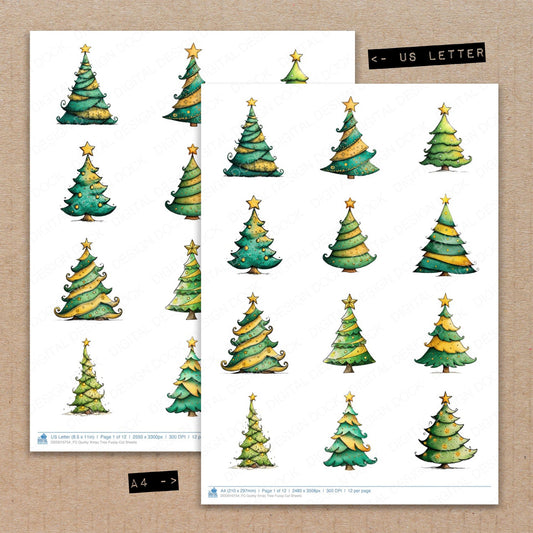 A4 and US Letter format comparison showing Quirky Xmas Tree fussy cut pages for print and cut crafting