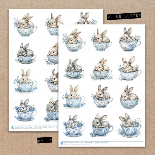 A4 and US Letter format comparison showing Rabbit in Blue Teacup fussy cut pages for print and cut crafting
