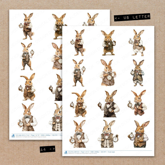 A4 and US Letter format comparison showing Rabbit with Pocket Watch fussy cut pages for print and cut crafting
