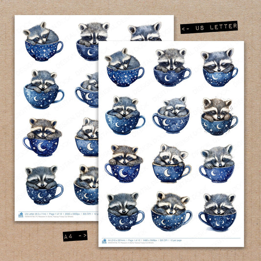 A4 and US Letter format comparison showing Raccoon in Starry Teacup fussy cut pages for print and cut crafting