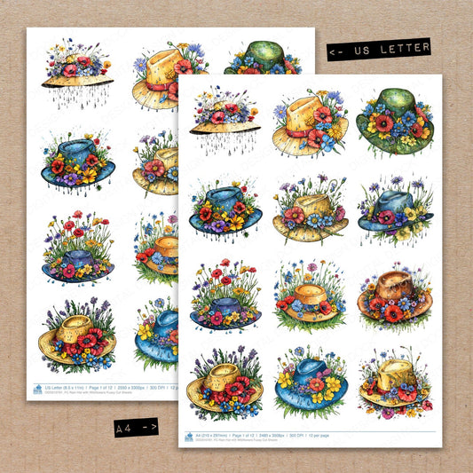 A4 and US Letter format comparison showing Rain Hat with Wildflowers fussy cut pages for print and cut crafting