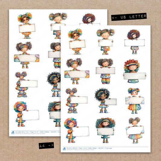 A4 and US Letter format comparison showing Rainbow Girl with Banner fussy cut pages for print and cut crafting