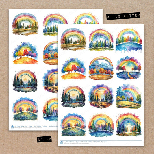 A4 and US Letter format comparison showing Rainbow over a Forest fussy cut pages for print and cut crafting